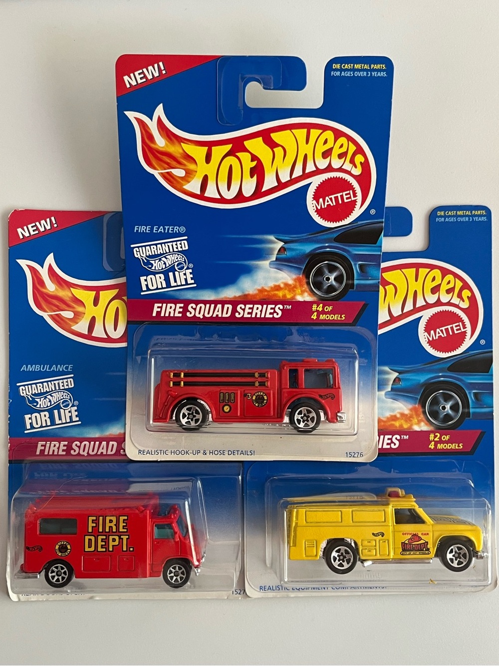 (3) Hot Wheels Fire Squad Series Vehicles 1996 Fire-Ambulance-Rescue